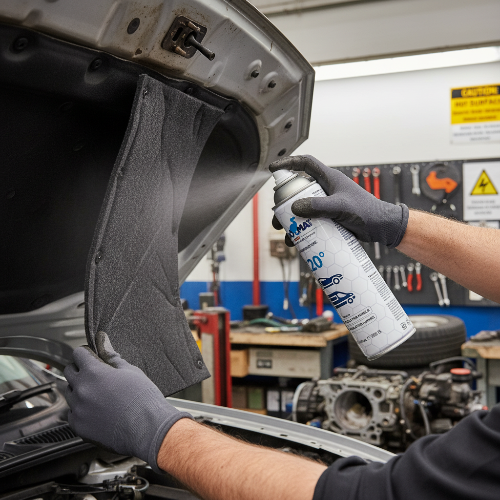 Person in garage applying High-Performance 500ml High Temperature Spray Adhesive for Upholstery and Insulation Applications to car hood liner, enhancing soundproofing and acoustic insulation with noise reduction capabilities.