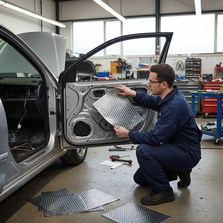 Mechanic installs Premium Sound Deadening Vibration Damper - 30 Sheets, High Grade Butyl, Flexible Installation, 1.8mm Thick for Vehicle Noise Reduction on car door, highlighting soundproof, acoustic, and vibration damping benefits.