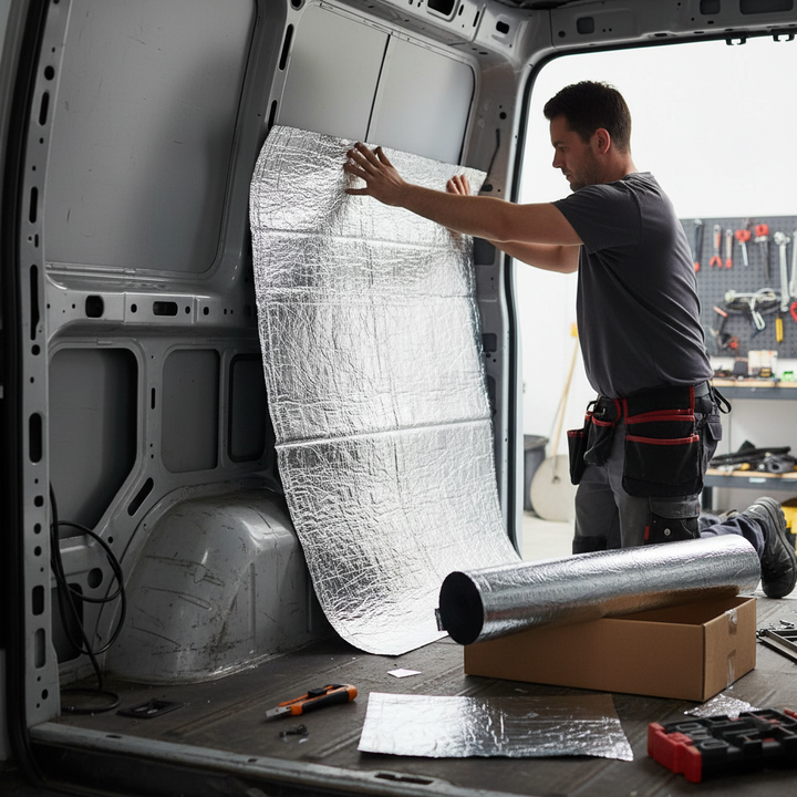 Man fitting Premium Sound Deadening and Insulation Kit for Large Vans inside van, enhancing comfort and reducing noise. Reflective sheets, tools, and insulation materials visible, showcasing soundproofing and acoustic insulation application.