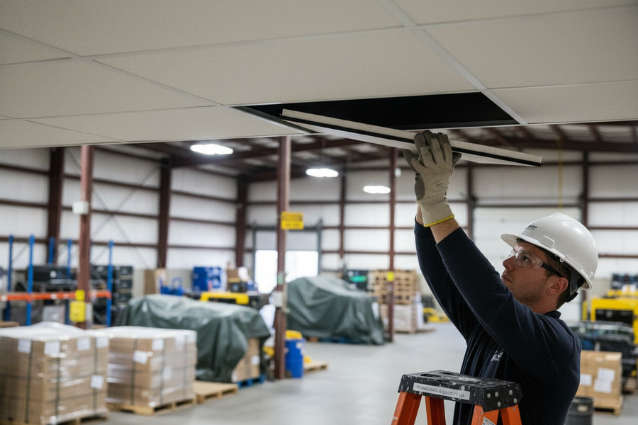 Worker installing Premium Acoustic Tile for Sound Reduction 600mm x 600mm, designed for high-performance noise control and soundproofing in office and industrial settings, using a stepladder in a warehouse environment.
