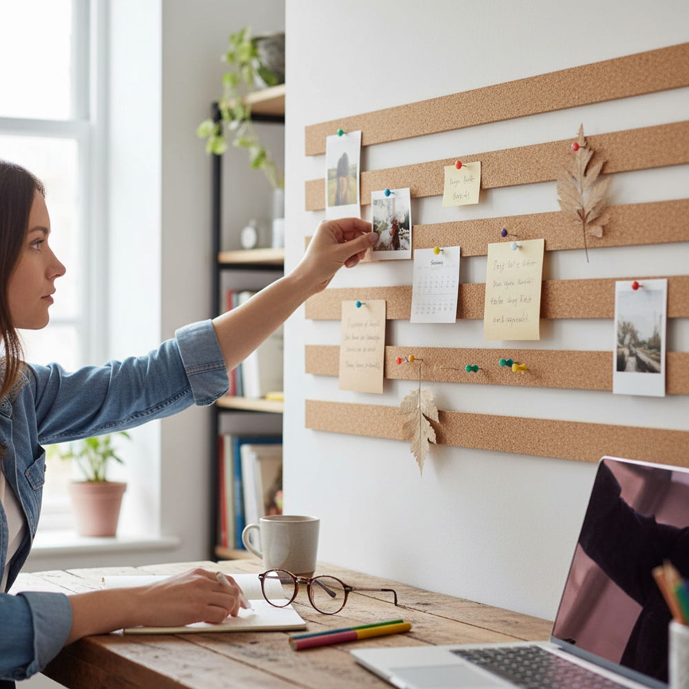 Woman pins a photo onto Premium Fine Grain Self Adhesive Cork Board Strips - 450mm x 50mm, 10mm Thick - Pack of 5 for Wall Decoration and Pin Boards, ideal for acoustic and noise reduction use.