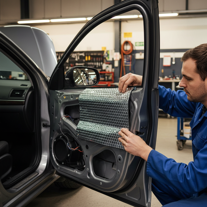 Auto technician applying Premium Self-Adhesive Sound Deadening Vibration Damper - 50 Sheets, Hex Embossed for Easy Installation and Noise Reduction, to car door, enhancing soundproofing, acoustic insulation, and vibration damping.