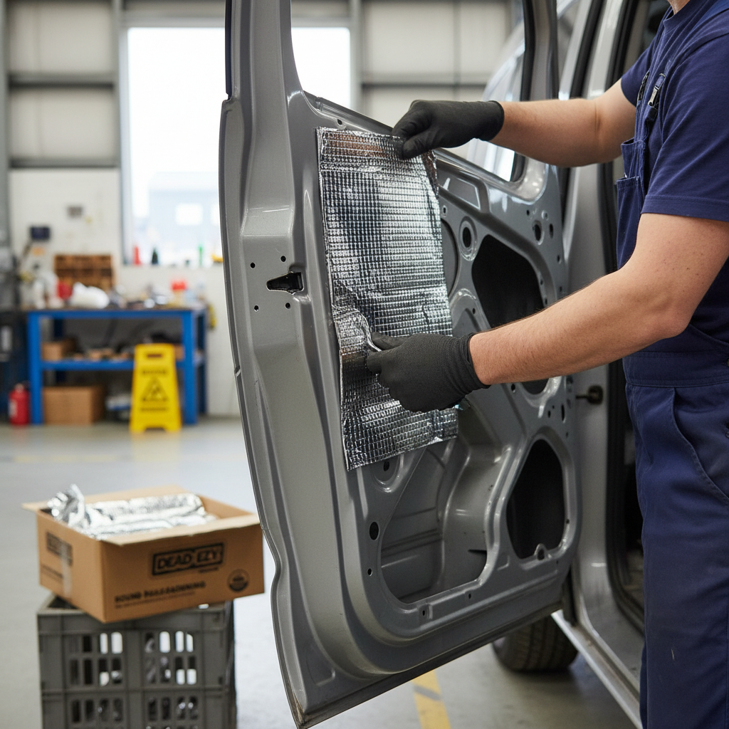 Technician fitting Premium Self-Adhesive Sound Deadening Sheets - 40 Pack, Butyl Construction, 1.5mm Thick for Vehicle Noise Reduction onto car door for acoustic insulation and vibration damping.