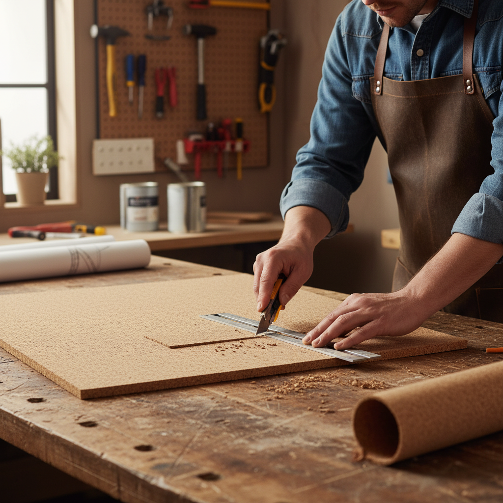 Craftsman cutting Premium Non-Adhesive Cork Sheets 915mm x 610mm - 1mm Thick, 2 Pack for Wall Coverings and Pin Boards, ideal for soundproofing and acoustic insulation, using a utility knife and straightedge.