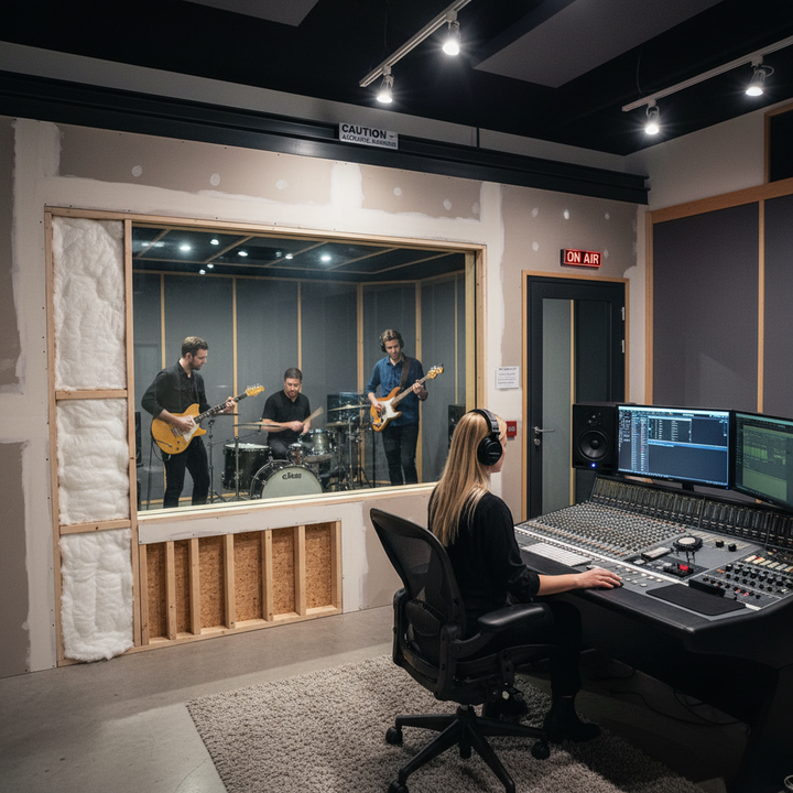 Premium Sustainable Insulation Quilt 50mm Thick for Camper Vans - 3.7sq.m Roll with Excellent Thermal Performance, visible in a professional recording studio, highlighting its soundproof and noise reduction capabilities for acoustic environments.