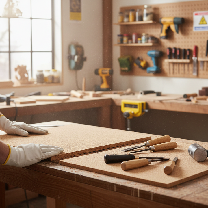 Premium Fine Grain Non-Adhesive Cork Sheets - Pack of 4, 610mm x 450mm x 4mm for Wall Coverings and Pinboards, shown in a workshop setting with tools, ideal for soundproofing and acoustic applications.
