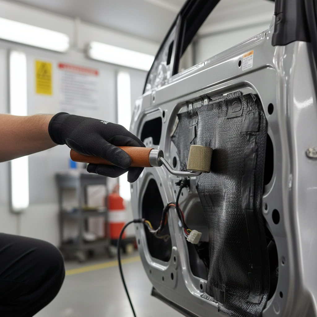 Premium Heavy Duty Metal Roller for Sound Deadening Mats with Sturdy Wood Handle and Textured Surface being used to apply soundproof barrier in a vehicle door, enhancing acoustic insulation and noise reduction.