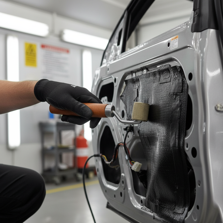 Premium Heavy Duty Metal Roller for Sound Deadening Mats with Sturdy Wood Handle and Textured Surface being used to apply soundproof barrier in a vehicle door, enhancing acoustic insulation and noise reduction.