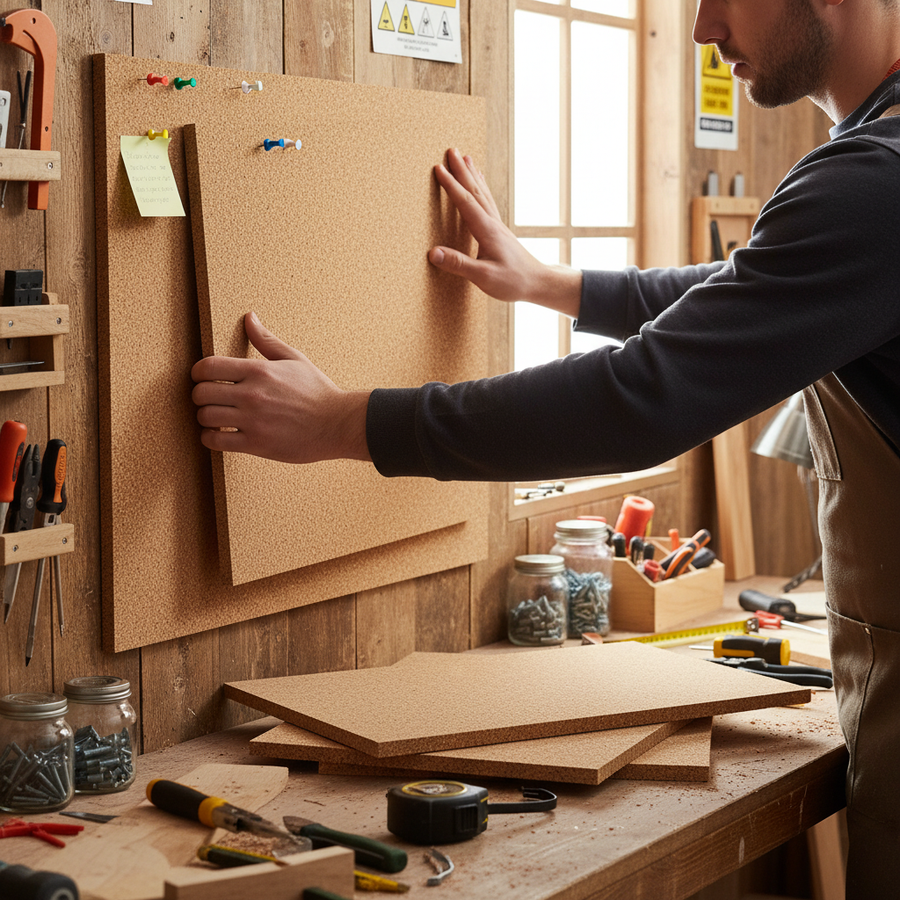 Person fitting Premium Fine Grain Adhesive Cork Sheet - 610mm x 450mm - 4mm Thick - Pack of 4 Sheets for Wall Coverings and Pinboards onto a workshop wall above a workbench with tools and materials.