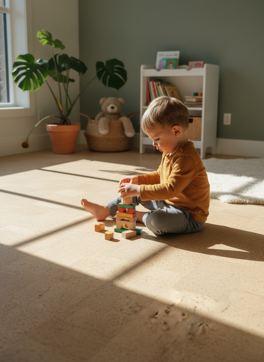 Toddler stacking blocks on Premium Natural Cork Flooring in Squared Cream, showcasing its comfort and soundproof qualities ideal for residential sound insulation and noise reduction.