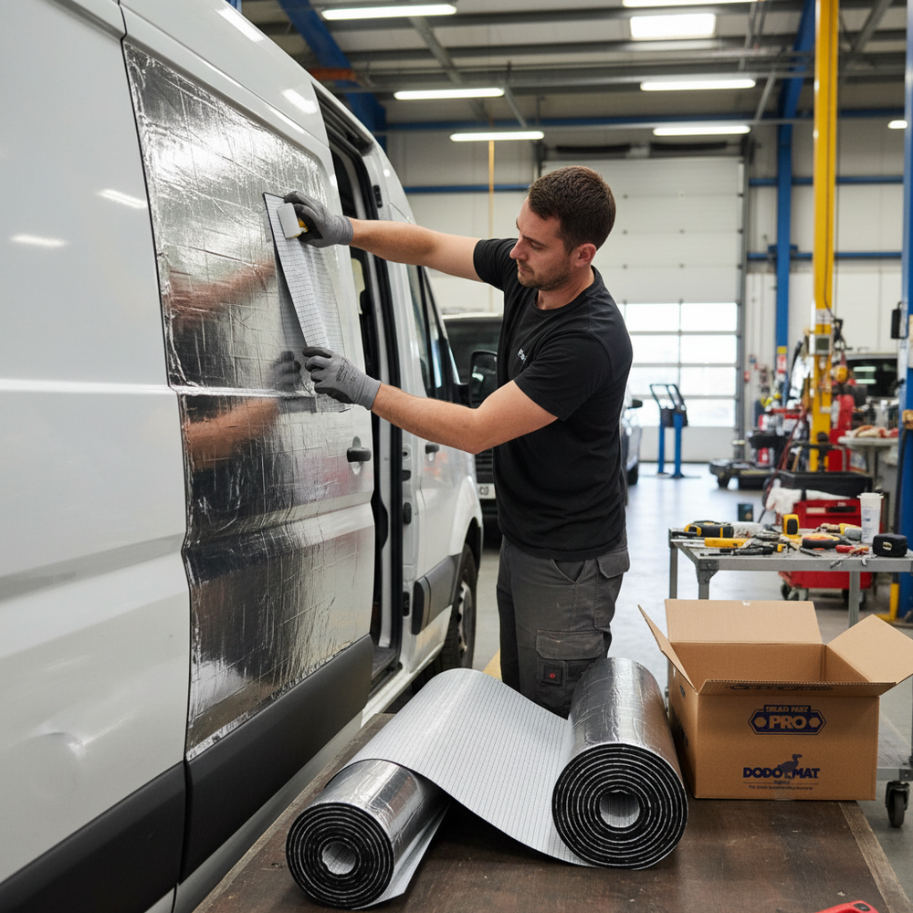 Technician installs Premium Medium Van Sound Deadening and Insulation Kit with 10mm Liner and 2mm Deadening, showcasing soundproof and acoustic insulation materials for enhanced noise reduction and thermal comfort.