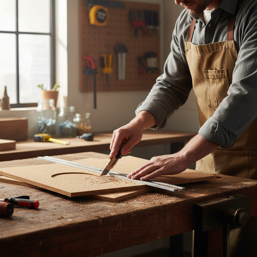 Person cutting a board with a utility knife on a craft bench, featuring Premium Fine Grain Non-Adhesive Cork Sheets 915mm x 610mm - 13mm Thick - Pack of 2, ideal for acoustic applications and noise reduction.