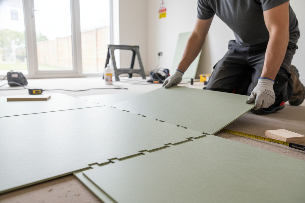 Person fitting Premium 9mm Tongue and Groove MDF Panel 1200mm x 600mm for Acoustic Underlay Installation, interlocking green panels on subfloor. Nearby tools indicate preparation for soundproof flooring installation.