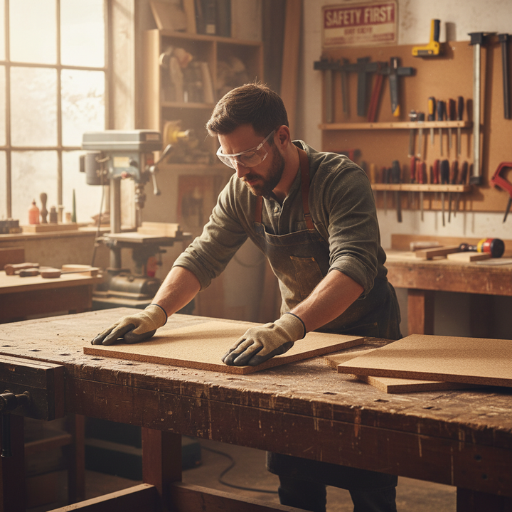 Woodworker in a workshop uses Premium Fine Grain Adhesive Cork Sheets - 610mm x 450mm - 15mm Thick - Pack of 4 for Wall Coverings and Pinboards, ideal for soundproofing and acoustic insulation projects.