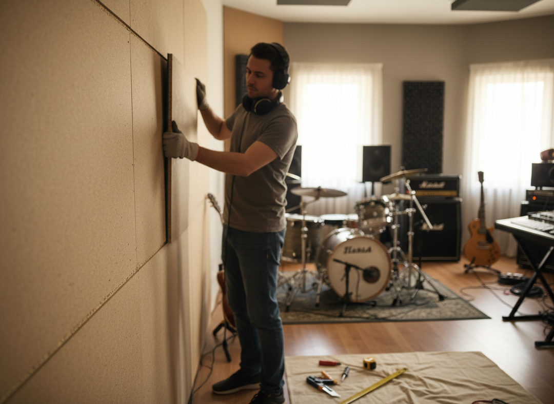 Man installing Premium Acoustic Floor Panel 28mm - Impact-Reducing Floating Floor with High Density Chipboard and Resilient Felt Layer in a studio, surrounded by musical equipment, tools indicating soundproofing and noise reduction efforts.
