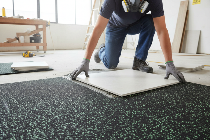Installer setting a large tile onto Premium Tilemat for Impact Sound Insulation Under Ceramic and Stone Floors - 5m x 1.25m x 10mm, enhancing acoustic performance with recycled rubber, ideal for noise reduction.