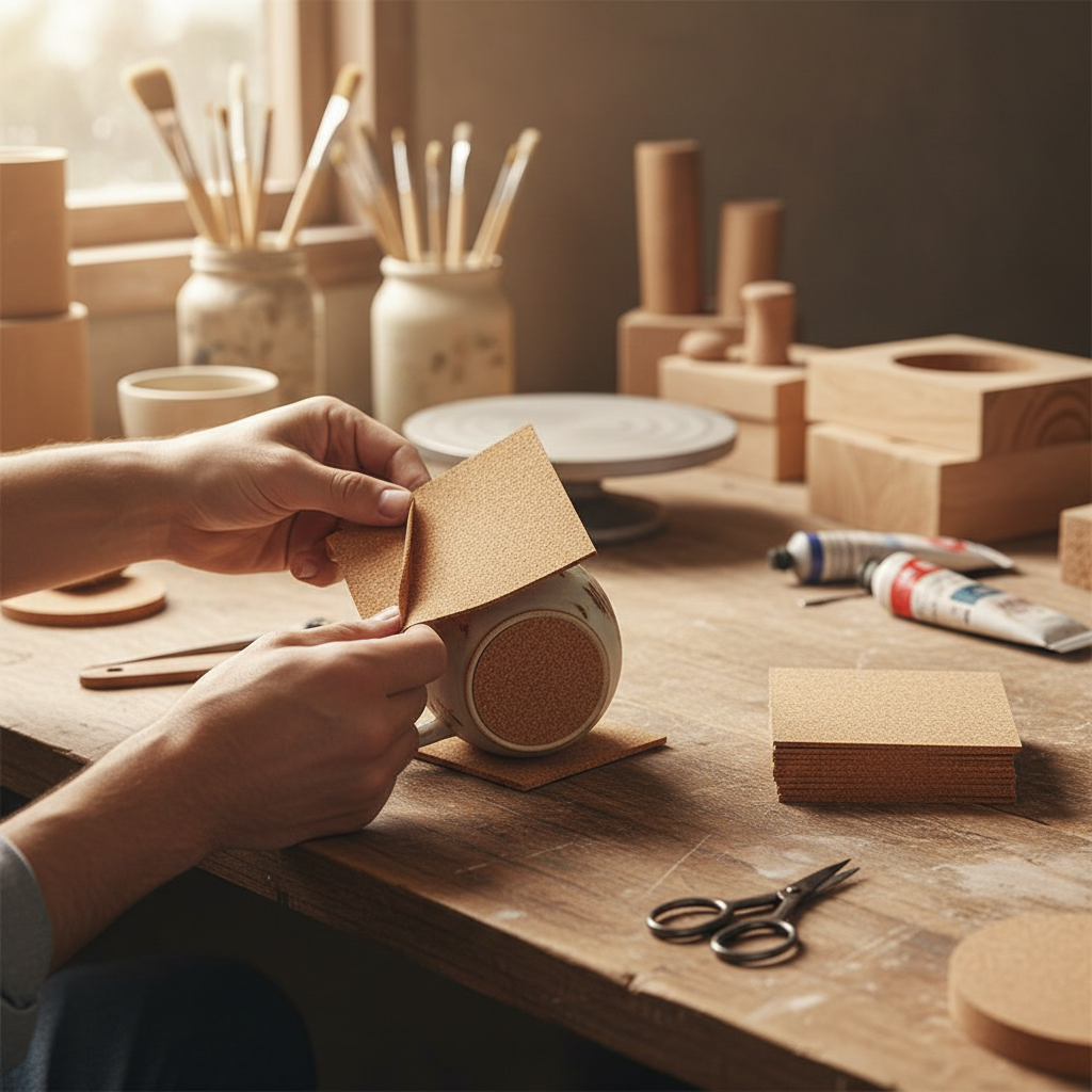 Hands applying Premium Adhesive Coaster Cork Sheets - 95mm x 95mm, 2mm Thick, 50 Sheets for Crafting and DIY Projects to a ceramic mug base, enhancing acoustic insulation and protecting surfaces from scratches and noise.