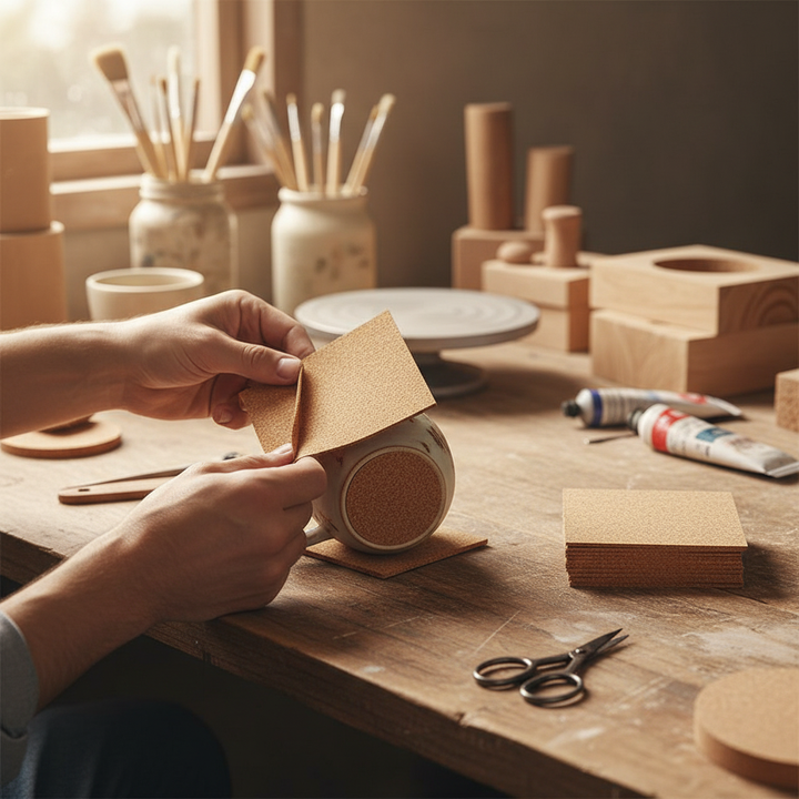 Hands applying Premium Adhesive Coaster Cork Sheets - 95mm x 95mm, 2mm Thick, 50 Sheets for Crafting and DIY Projects to a ceramic mug base, enhancing acoustic insulation and protecting surfaces from scratches and noise.