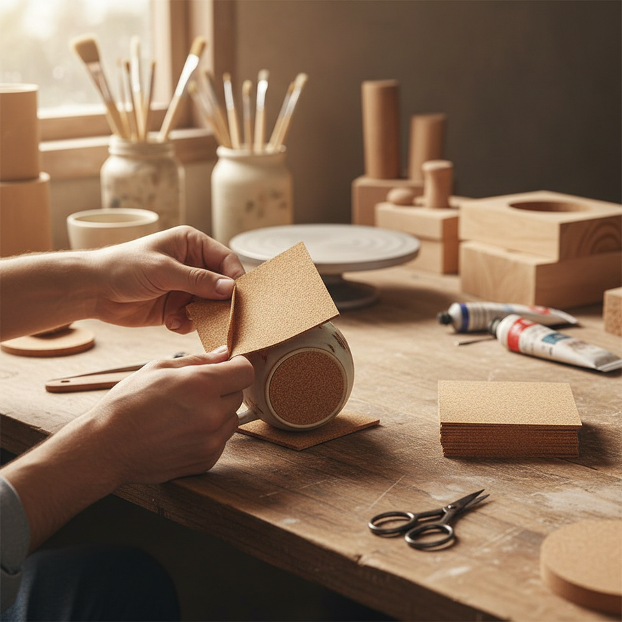 Hands applying Premium Adhesive Coaster Cork Sheets - 95mm x 95mm, 2mm Thick, 50 Sheets for Crafting and DIY Projects to a ceramic mug base, enhancing acoustic insulation and protecting surfaces from scratches and noise.
