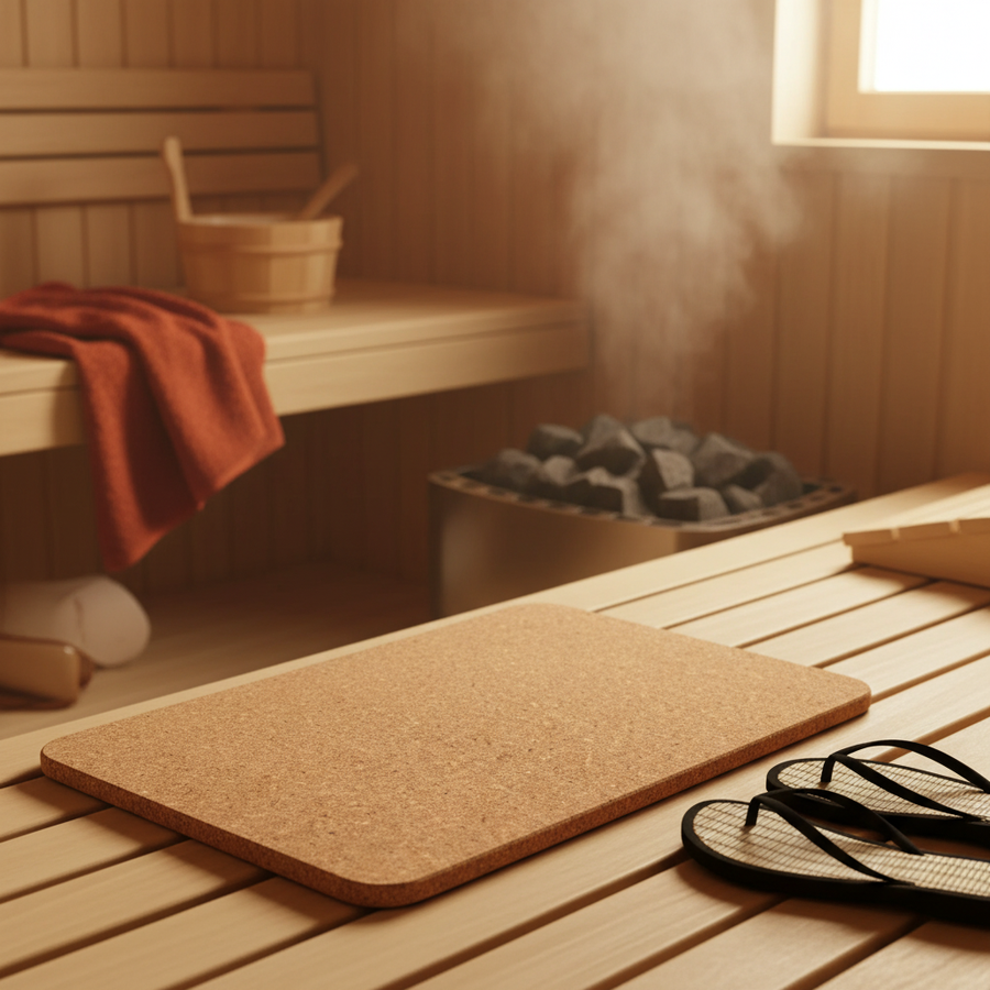 Premium Cork Sauna Mat - 450mm x 300mm - 12mm Thick, Hypoallergenic and Non-Slip Surface on a wooden sauna bench, enhancing comfort and safety with soundproof and acoustic properties, ideal for noise reduction environments.
