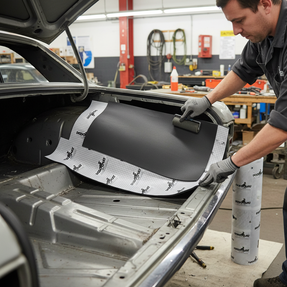 Technician applying High-Performance Self-Adhesive Flexible Foam Liner for Vehicle Insulation - 6mm Thickness, 6sq.m Coverage, Water Resistant, using roller in workshop; ideal for soundproofing and acoustic insulation.