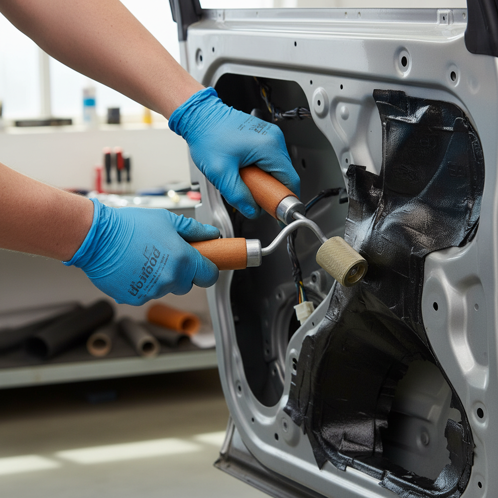 Heavy Duty Metal Roller for Sound Deadening Mats with Textured Finish and Wood Handle being used to apply a black acoustic soundproof sheet on a car door, enhancing noise reduction and vibration damping.