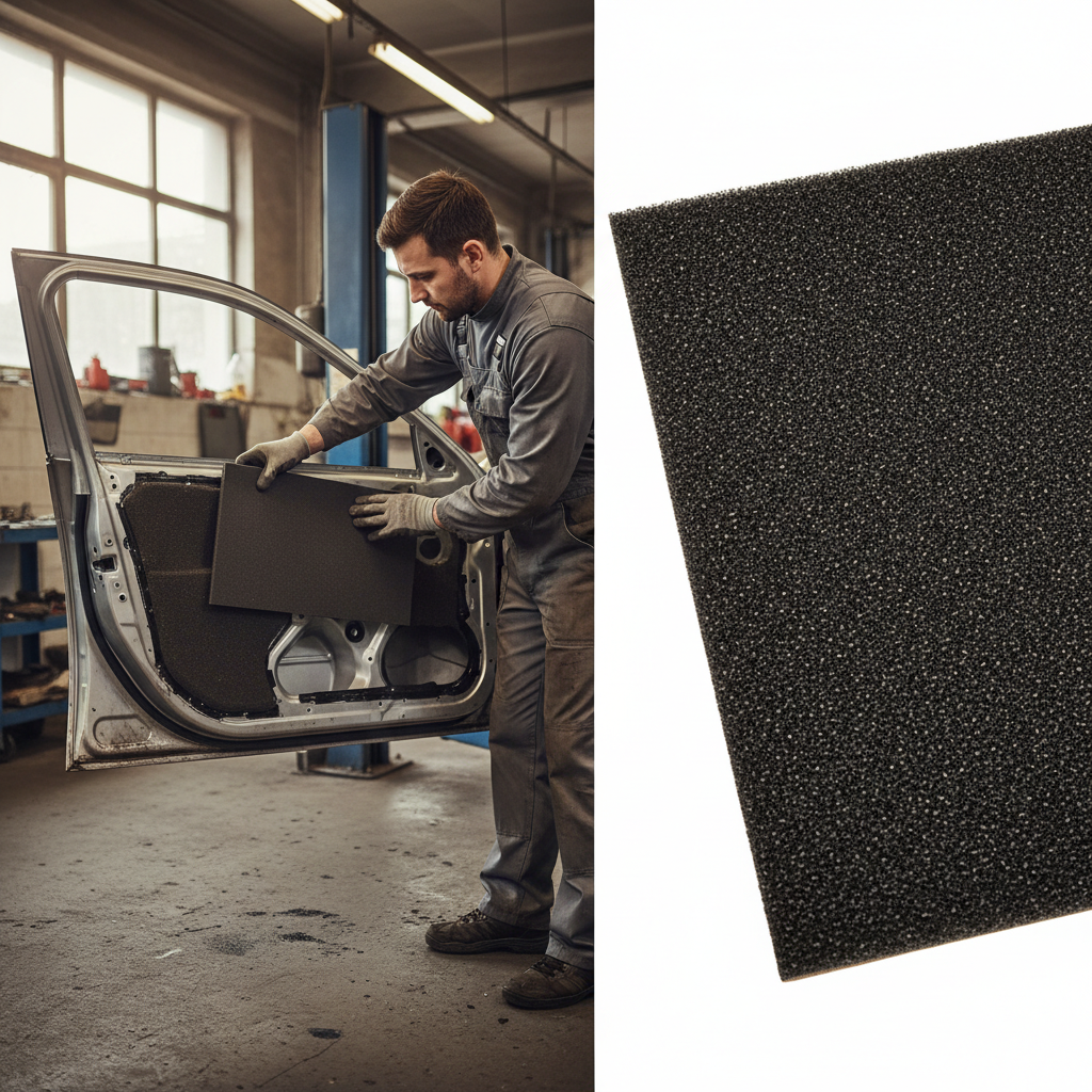 Technician installs Premium Self-Adhesive Thermo-Acoustic Material 10mm Thick for Noise Reduction and Heat Insulation in car door; close-up shows dark, porous foam sheet for effective soundproof and vibration damping.