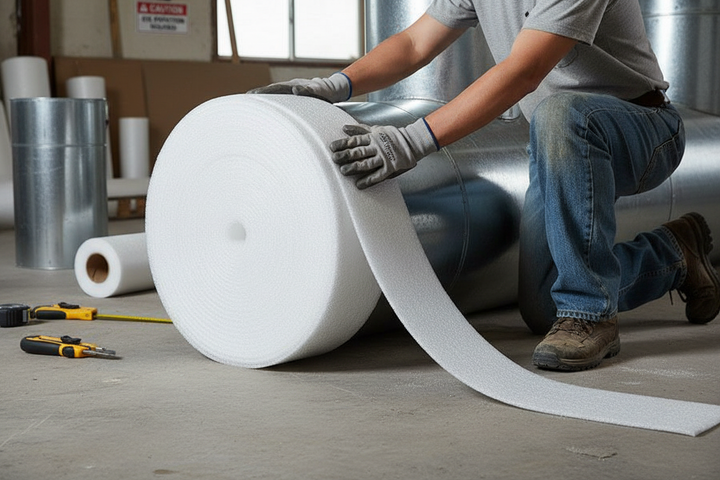 A person unrolls the Premium Soundproofing Flanking Strip 50M x 150mm x 6mm, designed for acoustic isolation, near ductwork, alongside tools, highlighting its soundproofing and noise reduction capabilities.