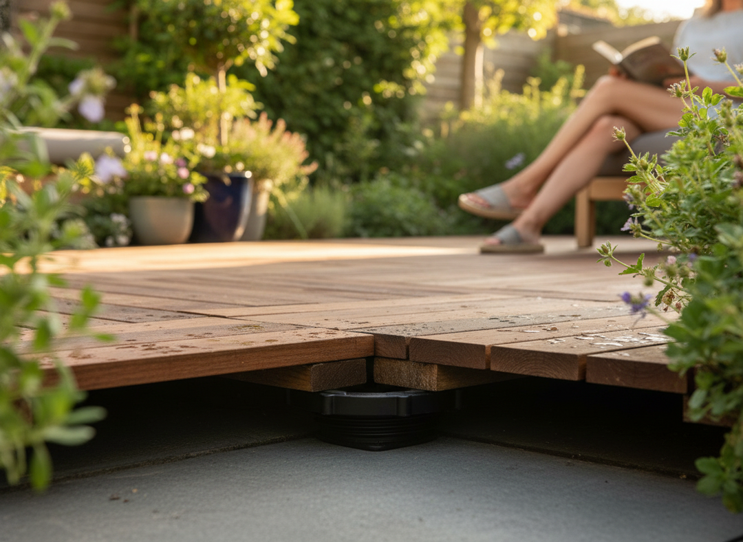 Close-up of the Premium Adjustable Cradle Flooring System, showcasing wooden deck boards on adjustable plastic pedestals for enhanced acoustic performance and underfloor heating compatibility, ideal for soundproofing and noise reduction.