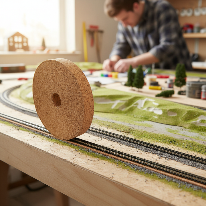 Premium Model Railway Cork Track Underlay Roll - 10 Meter Length, 3mm Thick for N Gauge, shown enhancing a model railway with soundproofing cork underlay, offering acoustic insulation and vibration damping benefits.