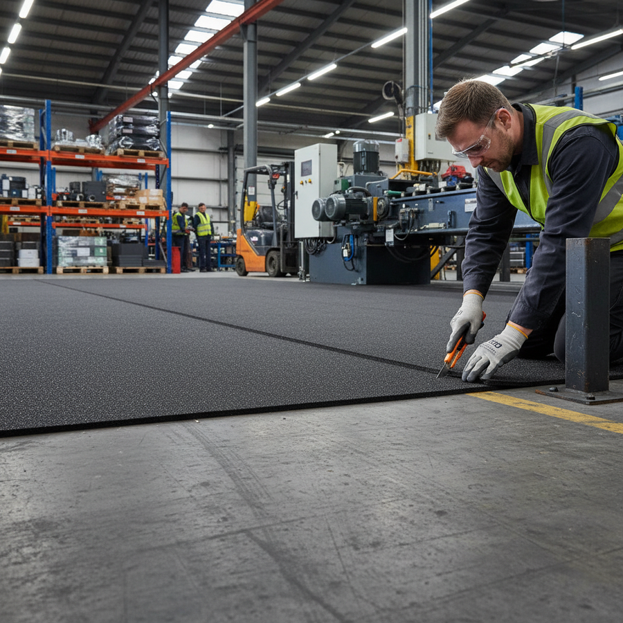 Worker using a utility knife to trim Premium 10mm Resilient Underlay for Hard and Soft Flooring with High Impact Noise Reduction in industrial setting; ideal for soundproofing and acoustic insulation.
