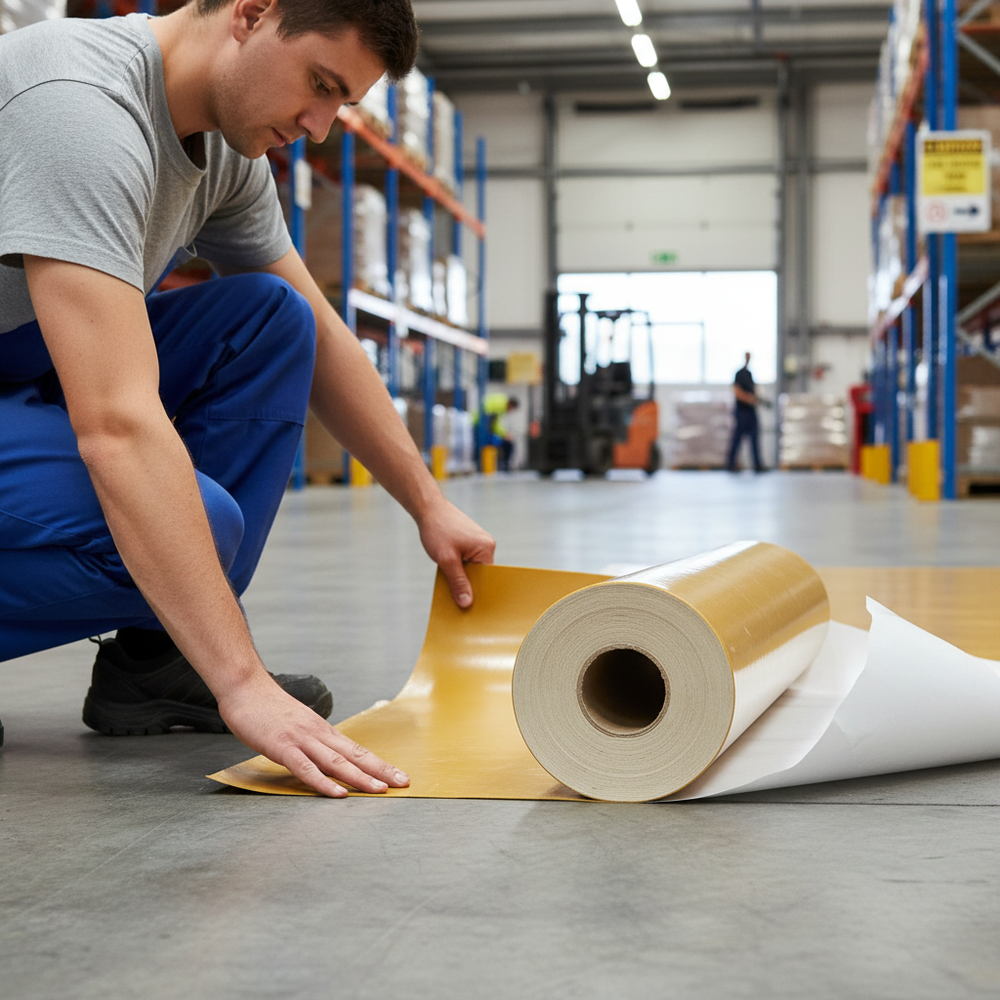 Worker unrolls Premium High-Performance Acoustic Membrane and Barrier Matting with Self-Adhesive Application for soundproofing, enhancing noise reduction in a warehouse setting. Visible are storage racks and fellow workers.