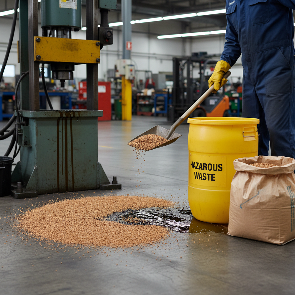 Worker in an industrial setting spreads Premium Heavy Duty Cork Granules, 12 Litres, 2-3mm Granule Size, 55-65kg/m³ Density, ideal for soundproofing, acoustic insulation, and noise reduction applications.