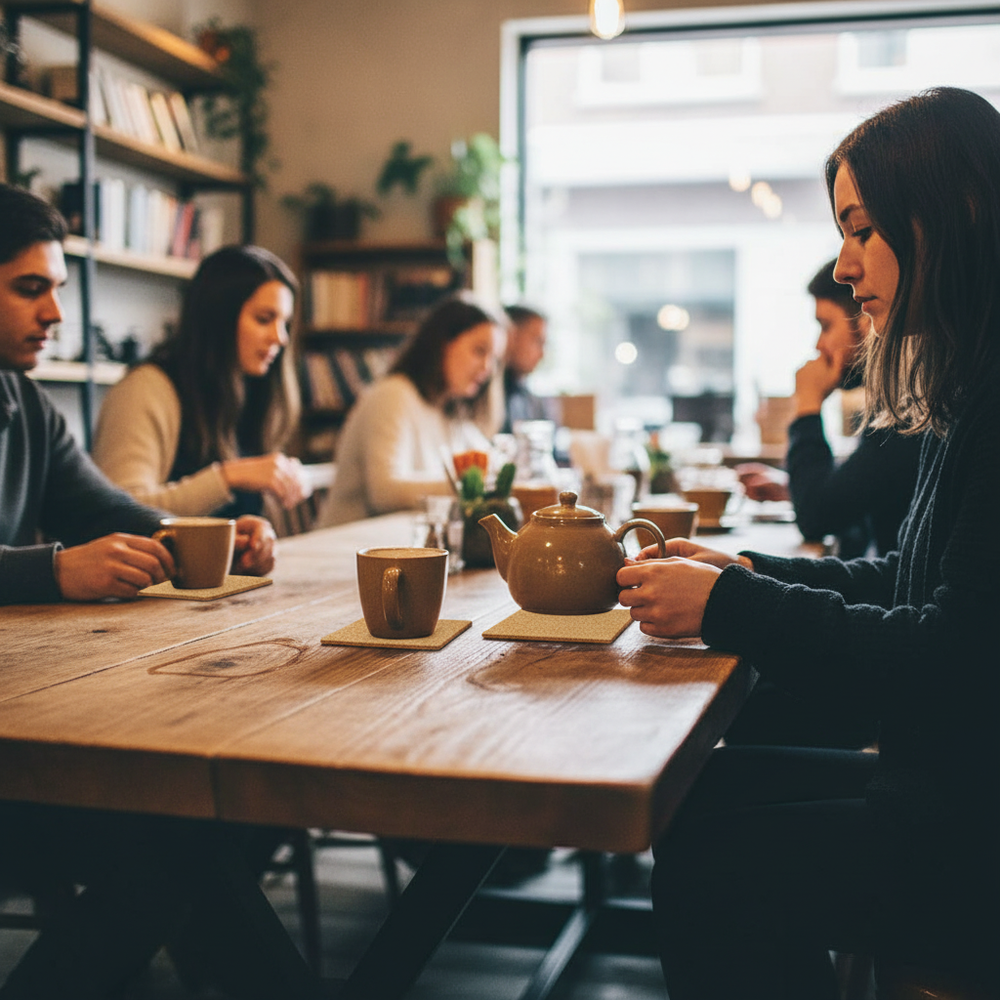 Premium Non-Adhesive Cork Coaster Sheets - 100mm x 100mm, 3mm Thick, 38 Sheets per Pack, featured on a café table, offering versatile soundproofing, acoustic, and noise reduction applications amidst a cozy setting.
