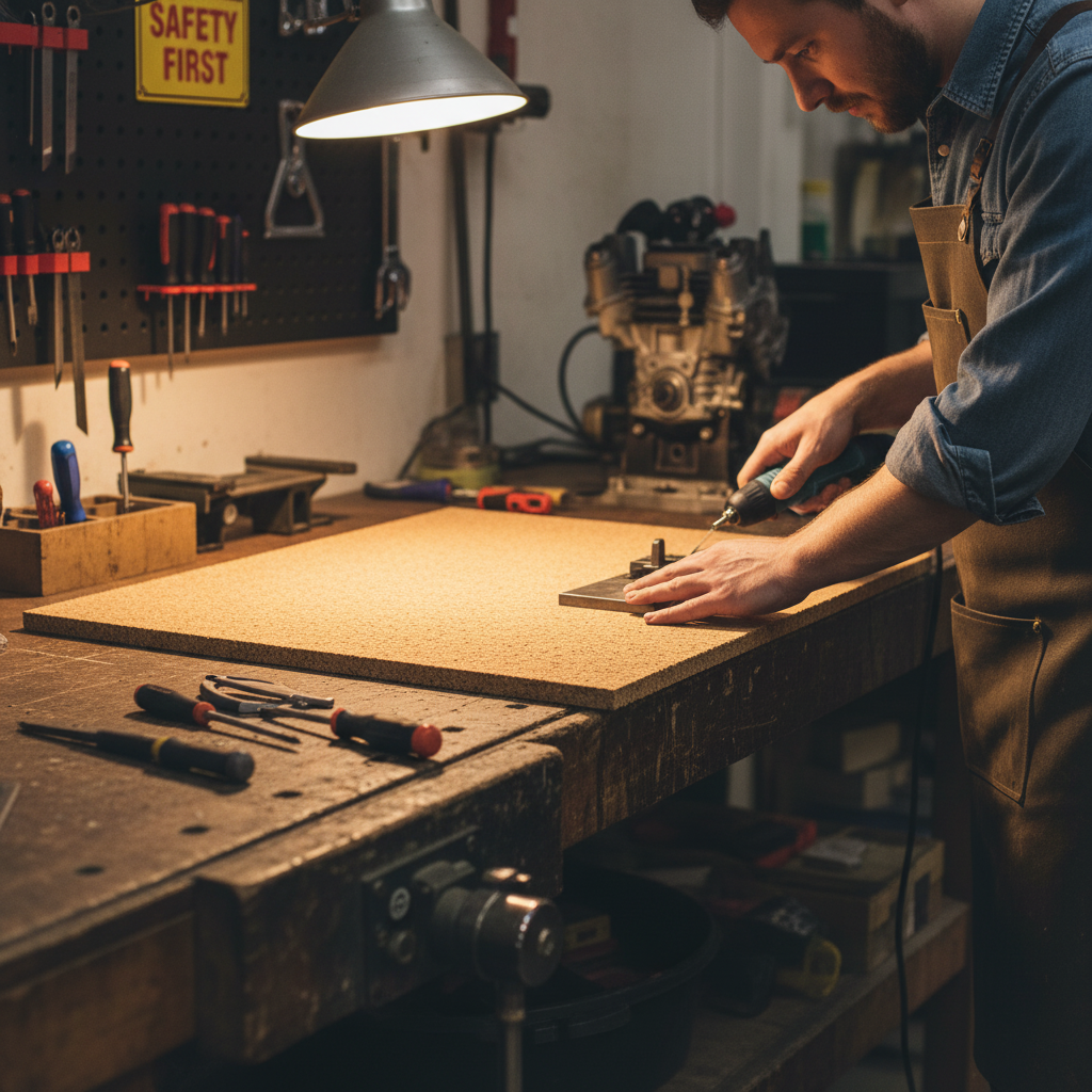 Bearded man in workshop uses power drill on Premium Non-Adhesive Cork Sheets - 915mm x 610mm, 3mm Thick, 2 Pack for Versatile Applications, ideal for soundproofing, acoustic projects, and noise reduction. Tools and SAFETY FIRST sign visible.