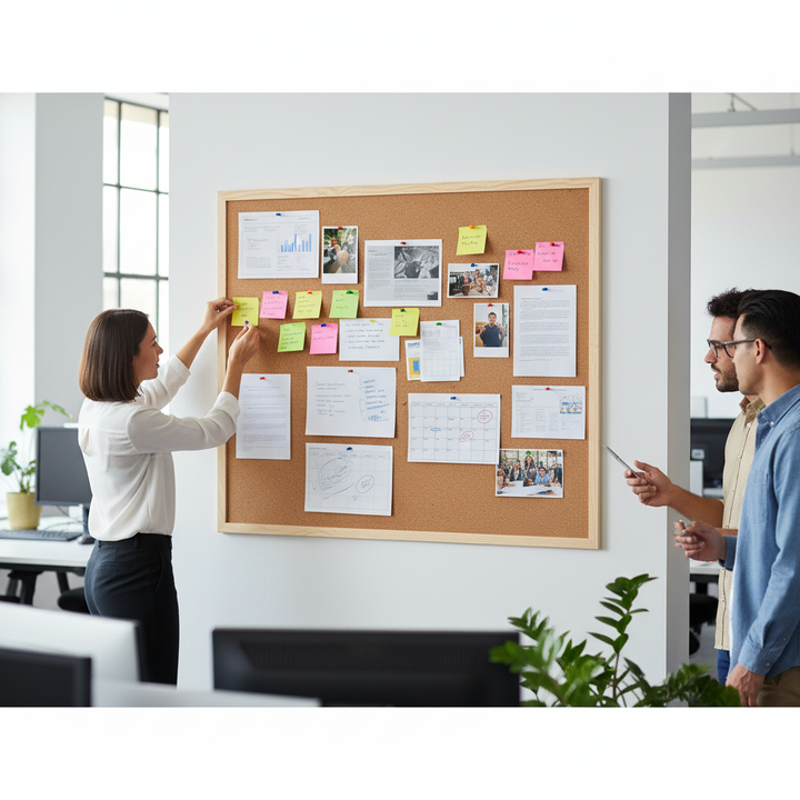 Premium Fine Grain Large Cork Roll - 10m x 1m, 4mm Thick for Interior Walls is showcased in a collaborative office setting, illustrating its application in soundproofing and acoustic insulation for noise reduction.