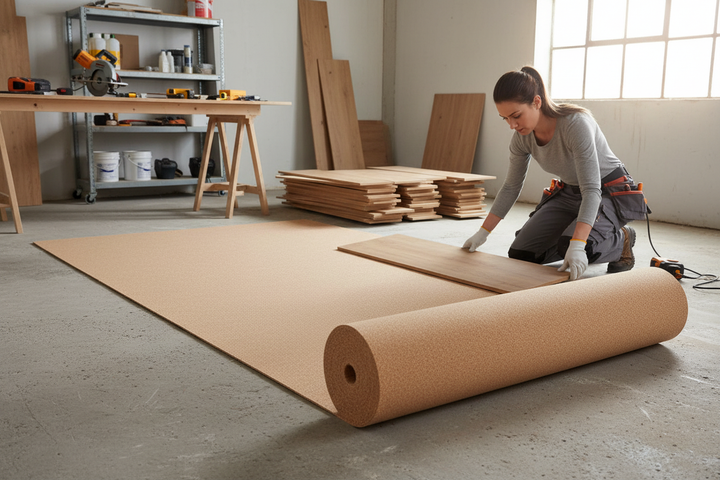 Woman installing wooden floor using Premium Natural Cork Underlay Roll - 1 Meter x 7 Meters Available in Various Thicknesses for Flooring, enhancing soundproofing and noise reduction in a workshop setting.