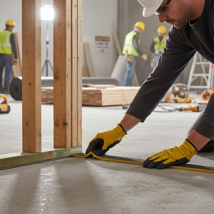 Professional Self-Adhesive Perimeter Strip - 10m x 25mm x 5mm for Acoustic Isolation Under Carpet Gripper Rods shown in use, enhancing soundproofing by maintaining acoustic integrity during installation on a construction site.