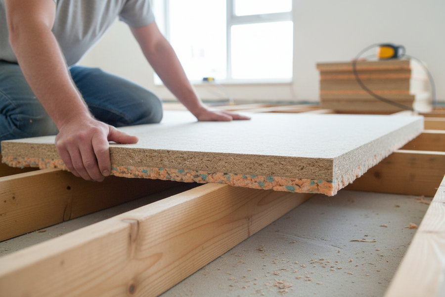 Worker installing Premium Acoustic Floor System 2400mm x 600mm x 32mm for impact sound reduction, fitting acoustic insulation panels onto floor joists, ensuring effective noise reduction and compliance with regulations.