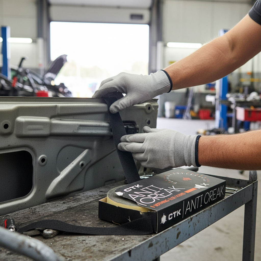 Gloved hands applying Premium Self-Adhesive Sealing Tape for Reducing Squeaks and Rattling in Automotive Interiors - 60mm x 6000mm on a metal panel, ideal for soundproofing and acoustic noise reduction.