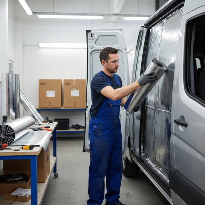 Tradesman installing Premium Large Van Insulation and Sound Deadening Kit with High-Performance 10mm Liner and 2mm Deadening, emphasizing soundproofing, acoustic insulation, noise reduction, and vibration damping in a cargo van.