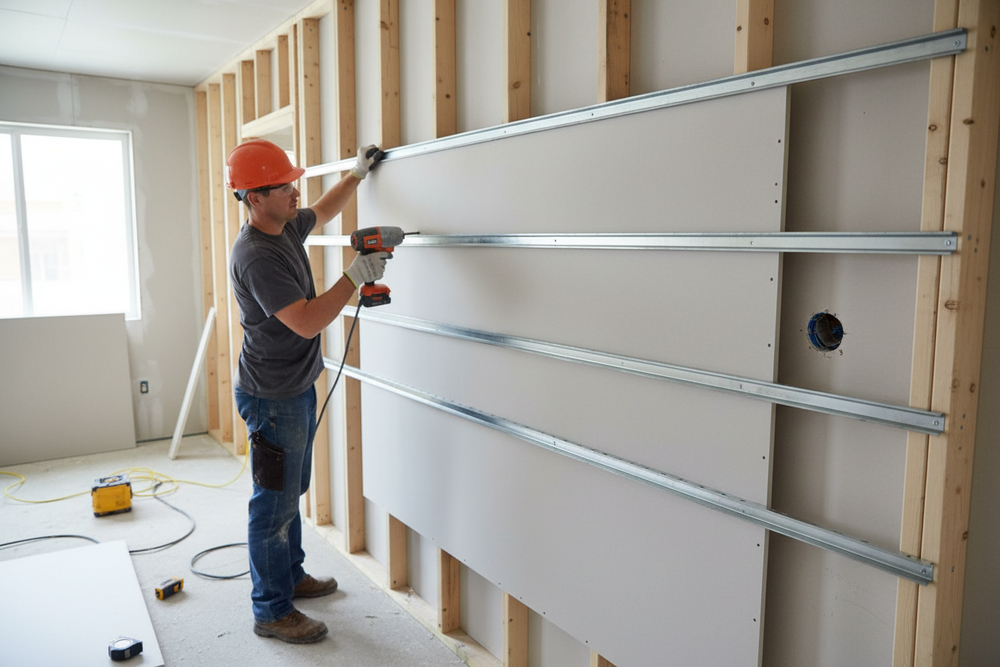 Construction worker using a power drill to install Premium Resilient Bar 3m - 10 Pack for Enhanced Sound Insulation in Walls and Ceilings, showcasing soundproofing improvements with horizontal metal furring channels.