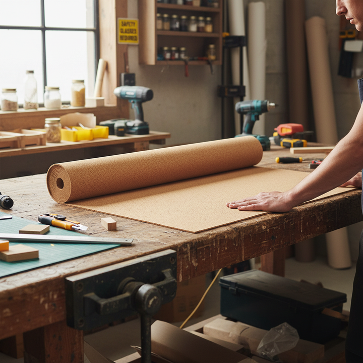Premium Fine Grain Large Cork Roll 7m x 1m - 3mm Thick for Interior Walls with Smooth Finish unrolled on a worktable, showcasing its fine texture. Ideal for acoustic insulation and soundproofing applications.