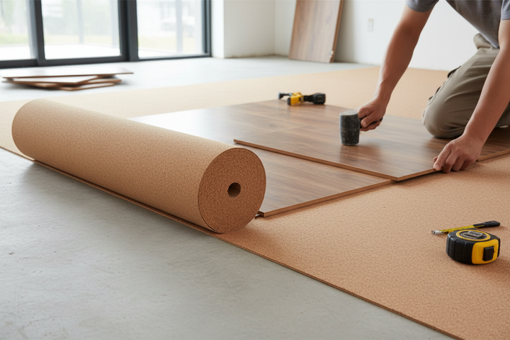 Premium Natural Cork Underlay Roll 1m x 5m - Various Thicknesses for Laminate Flooring and Wooden Boards, shown under installation with wood-grain laminate, ideal for noise reduction and sound insulation applications.