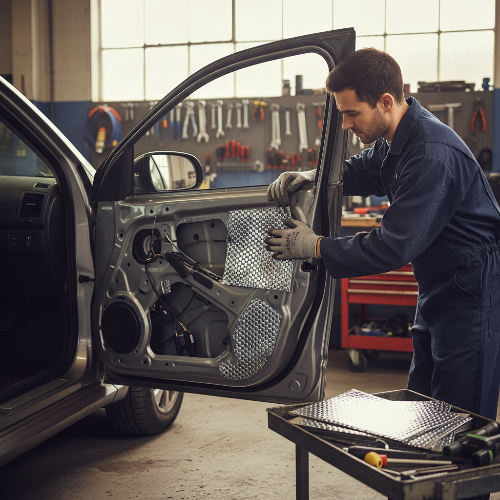 Automotive technician installs Premium Sound Deadening Vibration Damper—30 sheets, high-grade butyl, flexible installation, 1.8mm thick—enhancing vehicle noise reduction with soundproof, acoustic, and vibration damping properties.