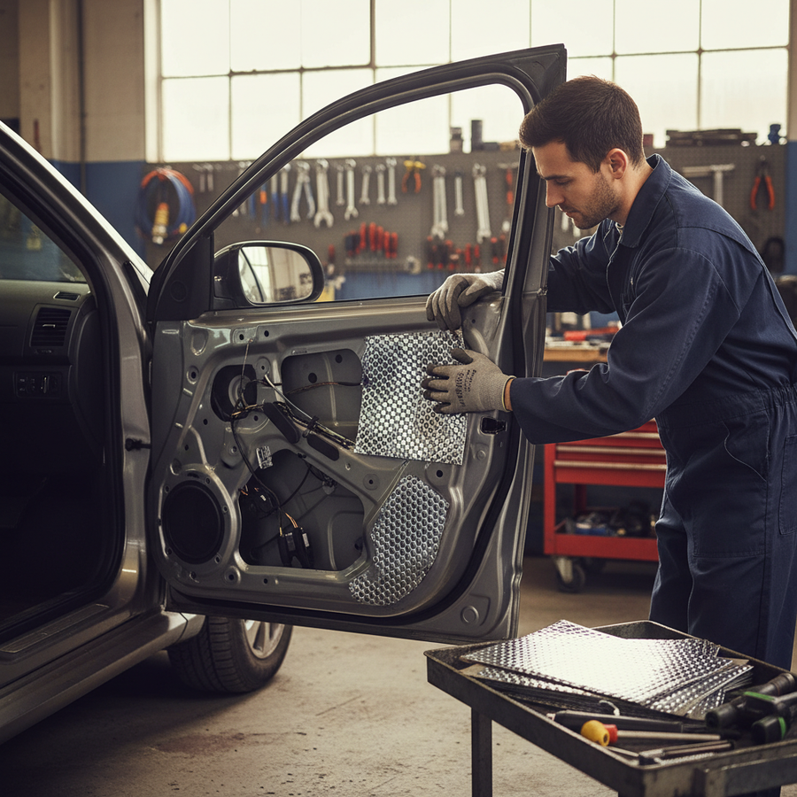 Automotive technician installs Premium Sound Deadening Vibration Damper—30 sheets, high-grade butyl, flexible installation, 1.8mm thick—enhancing vehicle noise reduction with soundproof, acoustic, and vibration damping properties.