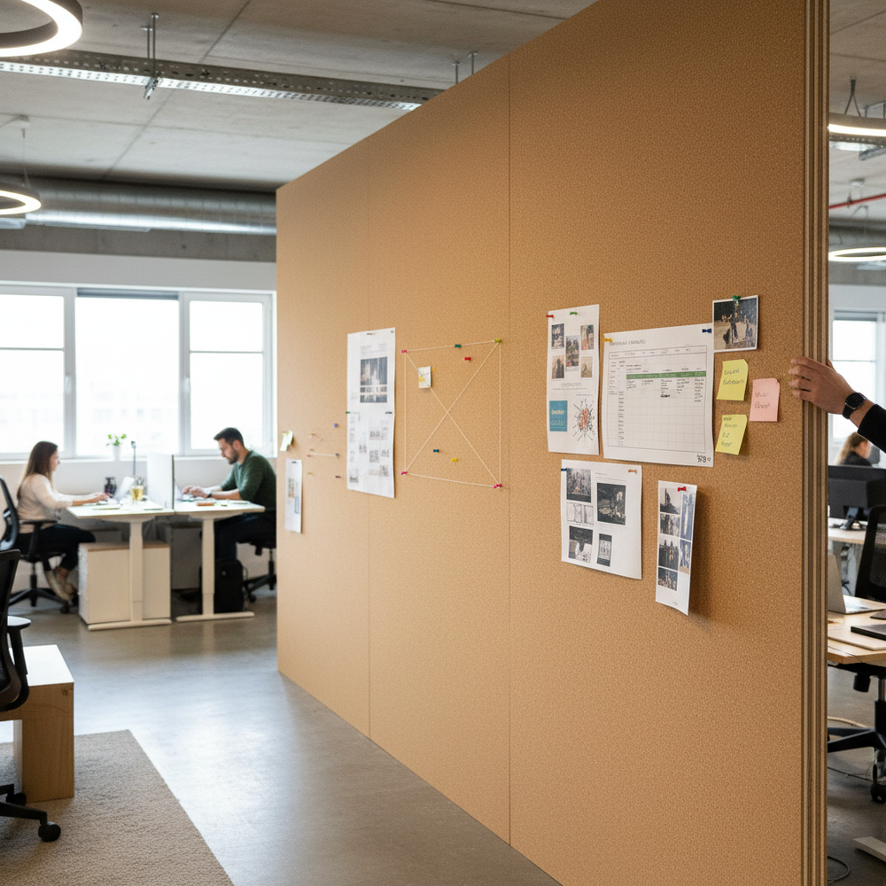 Premium 6mm Cork Backed with 3mm MDF Sheet - 2400mm x 1200mm, Ideal for Wall Coverings and Pinboards, depicted as a versatile acoustic partition, enhances soundproofing and noise reduction in a modern office setting.