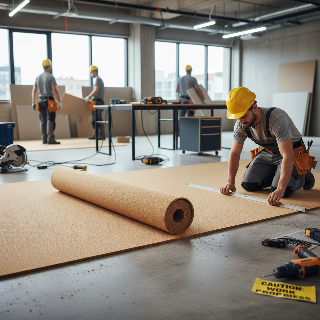 Worker in yellow hard hat measures flooring amid renovation, highlighting Premium Fine Grain Large Cork Roll 6m x 1m - 4mm Thick, ideal for interior walls, soundproofing, noise reduction, and acoustic insulation.