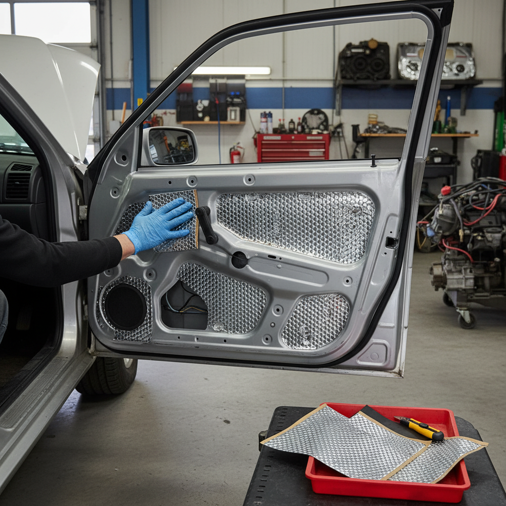 Technician applies Premium Self-Adhesive Sound Deadening Vibration Damper, showcasing high-performance butyl for acoustic noise reduction and vibration control, with additional sheets and tools visible in an auto-shop setting.