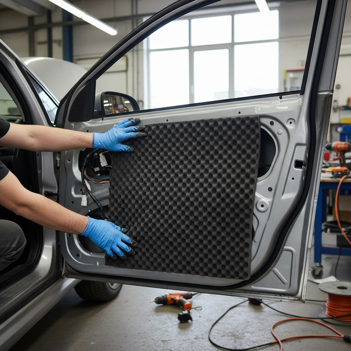 Technician installs Premium Sound Absorber 35mm Foam Sheet for High Frequency Noise Reduction and Echo Control on car door, enhancing soundproofing with acoustic insulation, noise reduction, and vibration damping in auto repair shop.